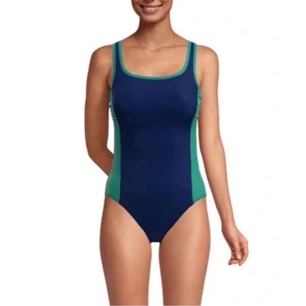 Lands' End Women's Fully Lined Scoop Neck One-Piece Swimsuit Navy Blue Green